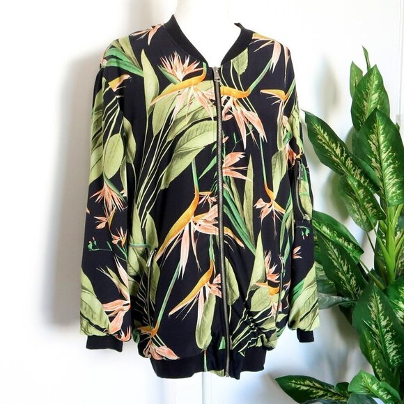 Zara Black Green Tropical Exotic Floral Oversized Bomber Jacket Size Medium - Picture 12 of 13
